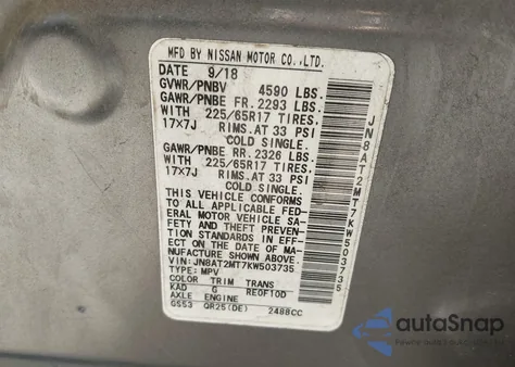 2019 Nissan Rogue Sv z USA, uszkodzony, nr VIN JN8AT2MT7KW503735